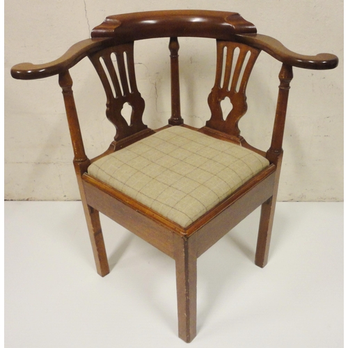 400 - Georgian mahogany corner chair with scroll top rail above turned columns and open splat, later uphol... 