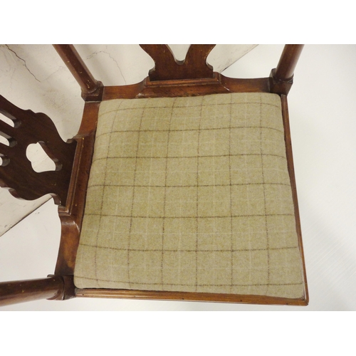 400 - Georgian mahogany corner chair with scroll top rail above turned columns and open splat, later uphol... 