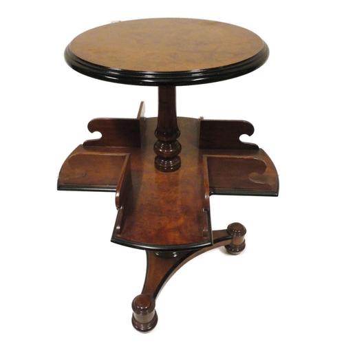 402 - Victorian burr walnut reading table, the saucer top with ebonised border above a galleried four-divi... 