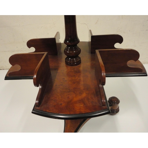 402 - Victorian burr walnut reading table, the saucer top with ebonised border above a galleried four-divi... 