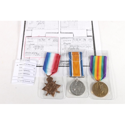 1466 - Medals of S/6482 and 292482 Private David Stott of the Gordon Highlanders comprising WWI war medal, ... 