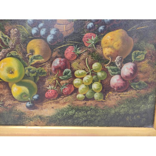 296 - H. L. WillsFruit against a mossy bank.Oil on canvas.Signed & dated (18)79.49cms x 59cms.... 