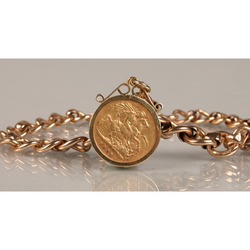 77 - 1893 half sovereign in 9ct gold mount and chain bracelet, total weight 24.1g