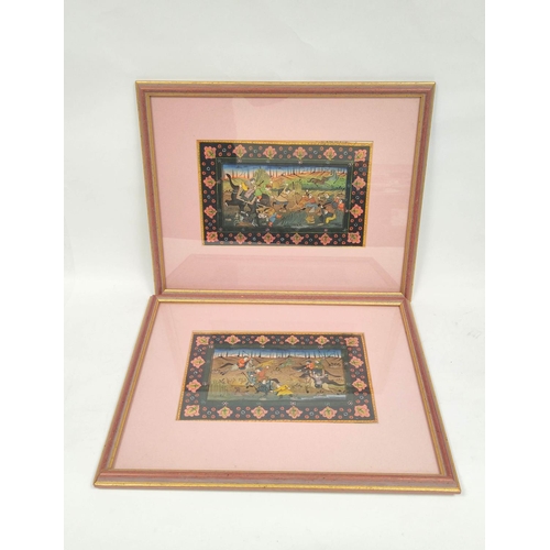 296A - After Mughal School. Pair of Indian hunting scenes.Gouache.Each 18cm x 28cm. ... 