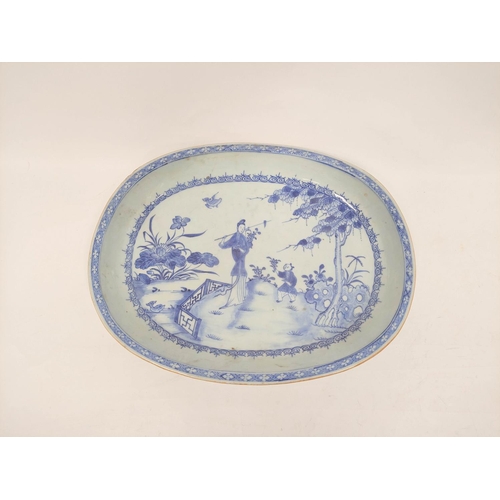 348A - 18th century Chinese export ware blue and white oval shallow dish c1780s with applied child and lady... 