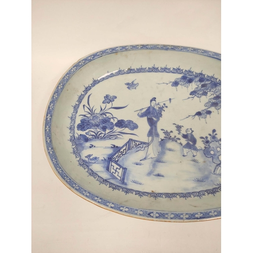 348A - 18th century Chinese export ware blue and white oval shallow dish c1780s with applied child and lady... 