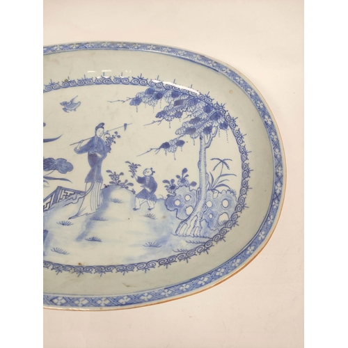 348A - 18th century Chinese export ware blue and white oval shallow dish c1780s with applied child and lady... 