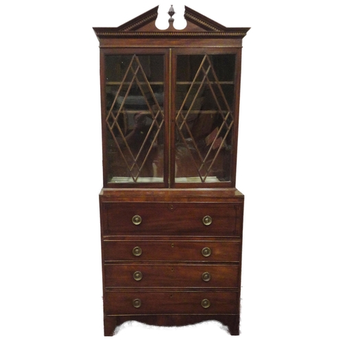 403 - Georgian inlaid mahogany secretaire bookcase, the dentil decorated pediment above two lozenge astrag... 