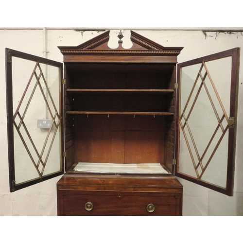 403 - Georgian inlaid mahogany secretaire bookcase, the dentil decorated pediment above two lozenge astrag... 