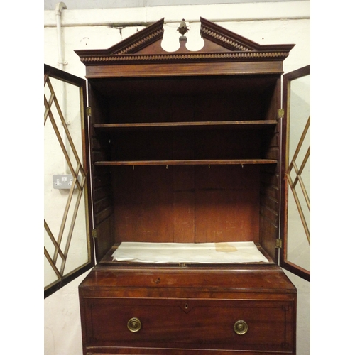 403 - Georgian inlaid mahogany secretaire bookcase, the dentil decorated pediment above two lozenge astrag... 