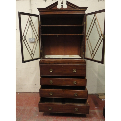 403 - Georgian inlaid mahogany secretaire bookcase, the dentil decorated pediment above two lozenge astrag... 