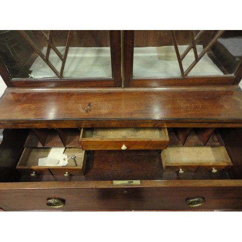 403 - Georgian inlaid mahogany secretaire bookcase, the dentil decorated pediment above two lozenge astrag... 