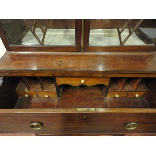 403 - Georgian inlaid mahogany secretaire bookcase, the dentil decorated pediment above two lozenge astrag... 