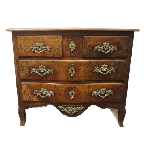 404 - Antique French provincial oak serpentine chest of two short and two long drawers, iron locks to the ... 