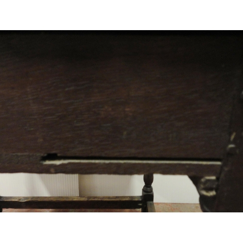 407 - 18th century oak side table with incised mouldings to the table top and frieze, iron lock to the dra... 