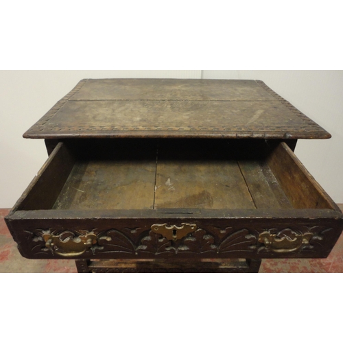 407 - 18th century oak side table with incised mouldings to the table top and frieze, iron lock to the dra... 