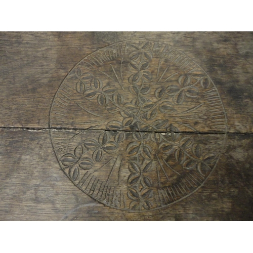 407 - 18th century oak side table with incised mouldings to the table top and frieze, iron lock to the dra... 