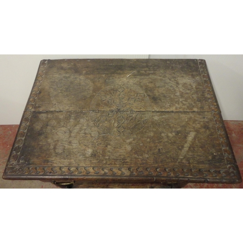 407 - 18th century oak side table with incised mouldings to the table top and frieze, iron lock to the dra... 