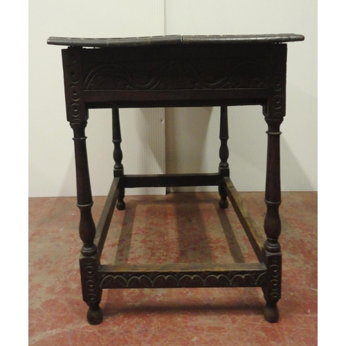 407 - 18th century oak side table with incised mouldings to the table top and frieze, iron lock to the dra... 