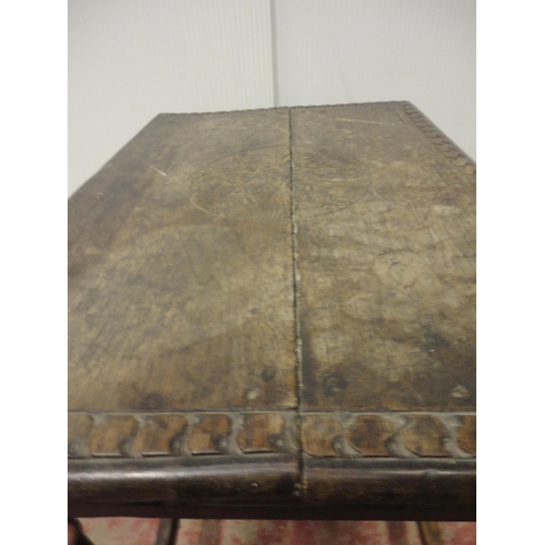 407 - 18th century oak side table with incised mouldings to the table top and frieze, iron lock to the dra... 