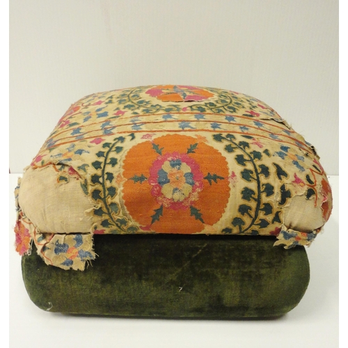 409 - Kelim-upholstered ottoman stool, with green velour to the interior and frieze, on castors, 30cm high... 