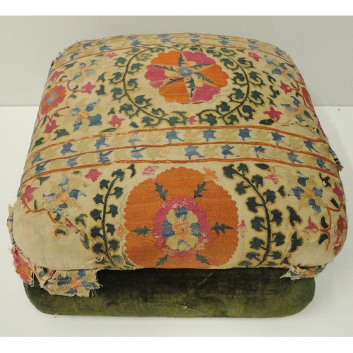 409 - Kelim-upholstered ottoman stool, with green velour to the interior and frieze, on castors, 30cm high... 