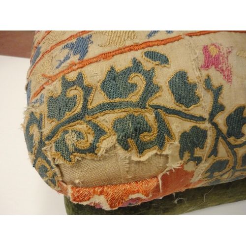 409 - Kelim-upholstered ottoman stool, with green velour to the interior and frieze, on castors, 30cm high... 