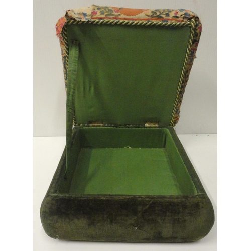 409 - Kelim-upholstered ottoman stool, with green velour to the interior and frieze, on castors, 30cm high... 