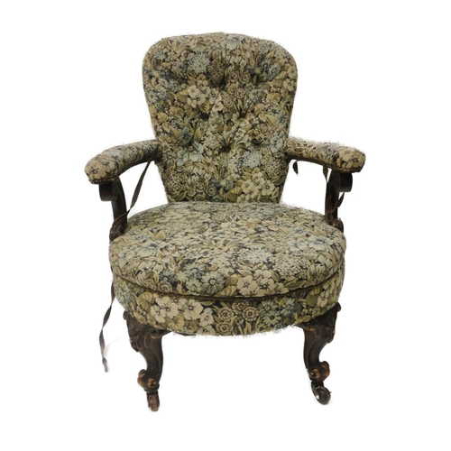 410 - Victorian lady's mahogany gossip armchair, upholstered in later button-back fabric, on scroll suppor... 