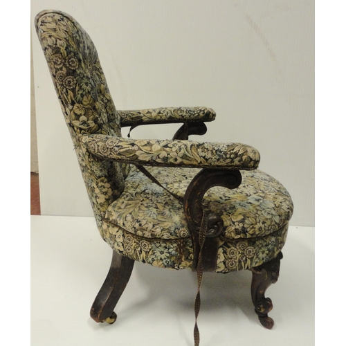 410 - Victorian lady's mahogany gossip armchair, upholstered in later button-back fabric, on scroll suppor... 