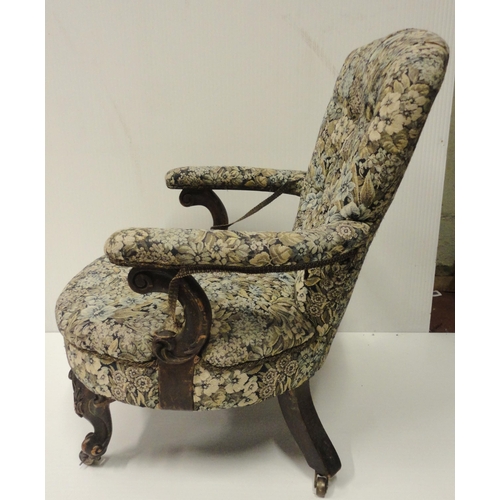 410 - Victorian lady's mahogany gossip armchair, upholstered in later button-back fabric, on scroll suppor... 