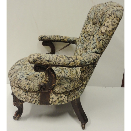 410 - Victorian lady's mahogany gossip armchair, upholstered in later button-back fabric, on scroll suppor... 