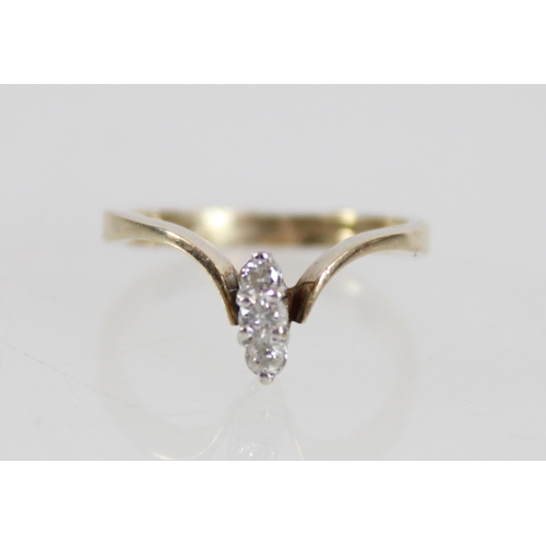 529 - 9ct gold three stone diamond wishbone style ring, size J.