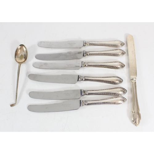 551 - Six hallmarked silver handled butter knives with stainless blades, another silver butter knife and a... 