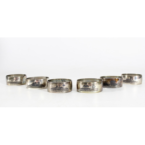 555 - Set of six middle eastern Marsh Arab white metal niello napkin rings.