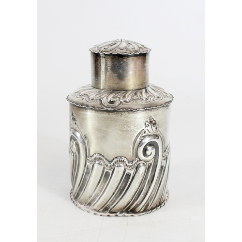 559 - Victorian silver tea caddy, embossed with scrolling rococo pattern, Deakin and Francis, Birmingham 1... 