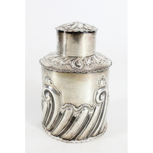 559 - Victorian silver tea caddy, embossed with scrolling rococo pattern, Deakin and Francis, Birmingham 1... 