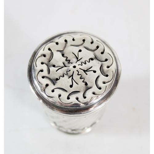 569 - Victorian silver pounce pot, makers mark indistinct, Edinburgh 1886, silver vesta case and three sil... 