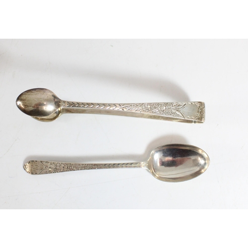 571 - Set of ten Victorian silver teaspoons and sugar tongs, the handles with bright cut engraved decorati... 