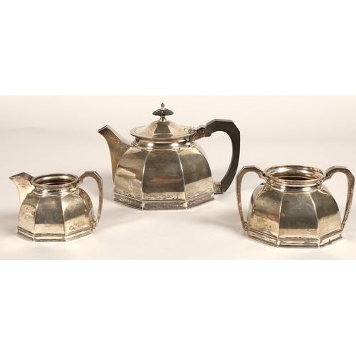 183 - Three piece silver tea service, comprising of teapot, cream jug and sugar bowl of octagonal tapered ... 