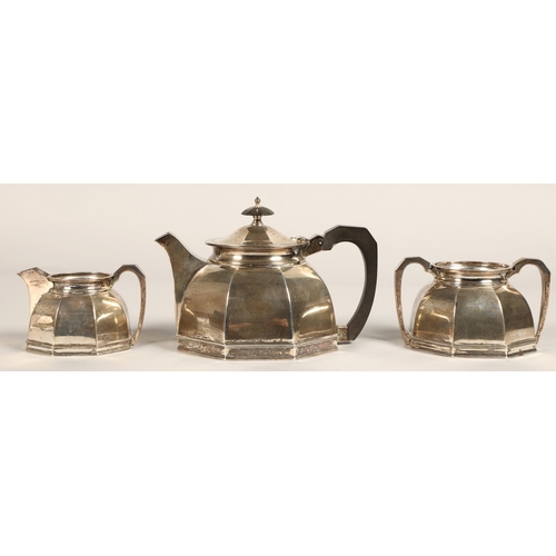 183 - Three piece silver tea service, comprising of teapot, cream jug and sugar bowl of octagonal tapered ... 