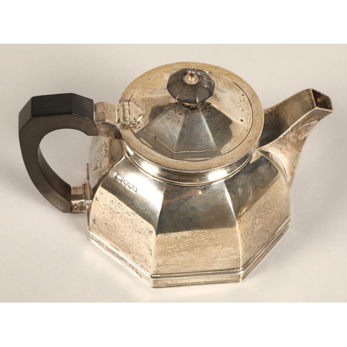 183 - Three piece silver tea service, comprising of teapot, cream jug and sugar bowl of octagonal tapered ... 