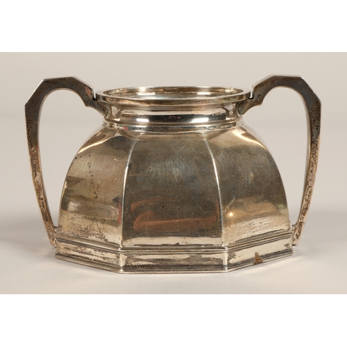 183 - Three piece silver tea service, comprising of teapot, cream jug and sugar bowl of octagonal tapered ... 