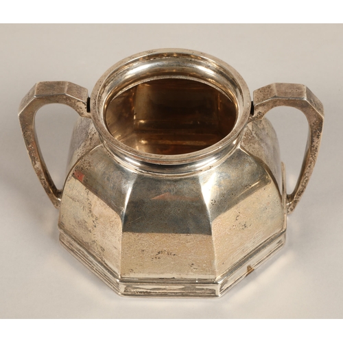 183 - Three piece silver tea service, comprising of teapot, cream jug and sugar bowl of octagonal tapered ... 