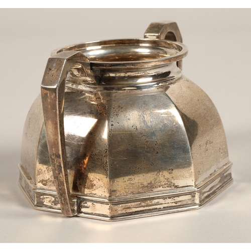 183 - Three piece silver tea service, comprising of teapot, cream jug and sugar bowl of octagonal tapered ... 