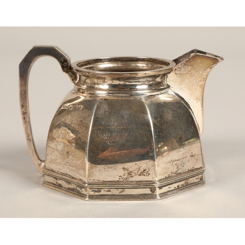 183 - Three piece silver tea service, comprising of teapot, cream jug and sugar bowl of octagonal tapered ... 