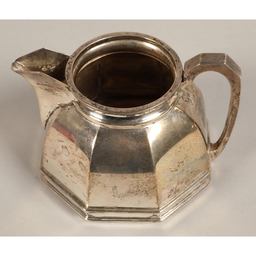 183 - Three piece silver tea service, comprising of teapot, cream jug and sugar bowl of octagonal tapered ... 