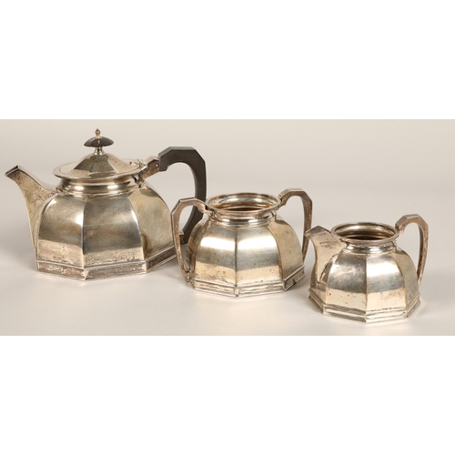 183 - Three piece silver tea service, comprising of teapot, cream jug and sugar bowl of octagonal tapered ... 