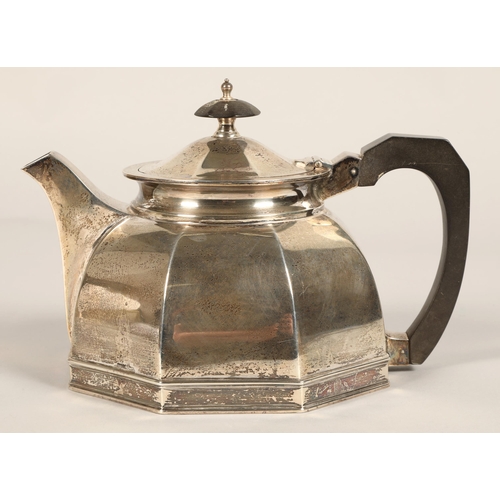 183 - Three piece silver tea service, comprising of teapot, cream jug and sugar bowl of octagonal tapered ... 