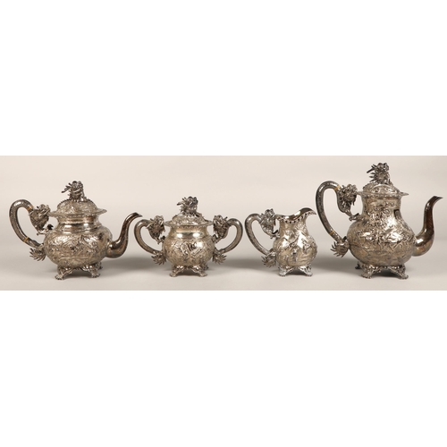 190 - Fantastic 19th century chinese silver four piece tea and coffee service, decorated with warriors, dr... 